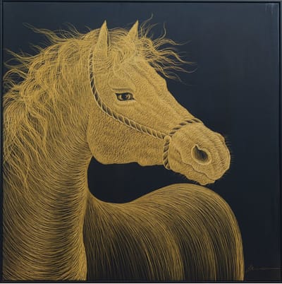 Fine Asianliving Olieverf Schilderij 100% Handgegraveerd 3D met Reliëf Effect en Zwarte Omlijsting 100x100cm Paard