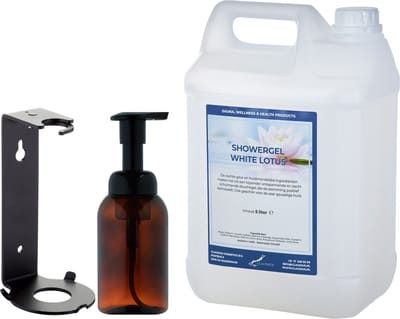 Zeepdispenser 300 ml amber bruin hervulbaar + 5 liter Showergel White Lotus navulling (inclusief beugel)