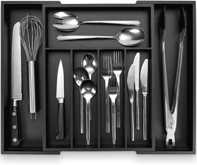 Keukenlade Organizer - Bestekbak Bamboe - Keuken Ordenen - Uittrekbaar Ontwerp - Diepte 38 cm - Zwart