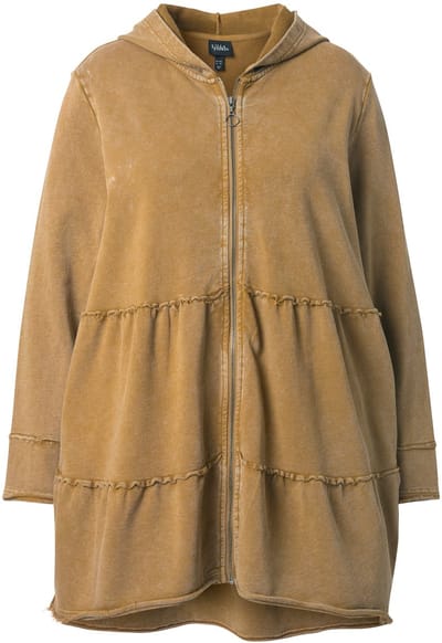 Ulla Popken - Dames - Lange hoodie-jas vintage look A-lijn capuchon - Mokka bruin - Maat 50+