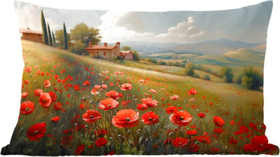 Sierkussens - Kussentjes Woonkamer - 60x40 cm - Klaprozen - Rood - Heuvels - Landschap
