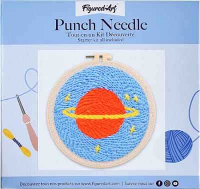 Figured'Art Punch Needle Kit voor Volwassenen en Kinderen - Saturnus - Perfect voor Beginners. Compleet klaar-om-te-borduren set, maat 20x20 cm met ronde frame