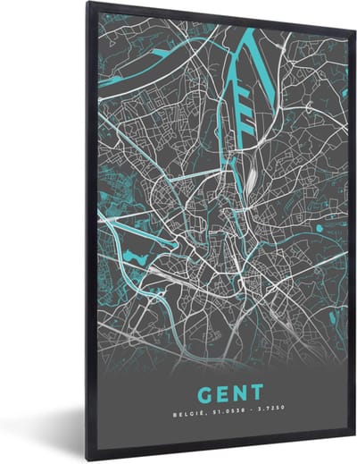 Fotolijst incl. Poster - Kaart – Plattegrond – Stadskaart – Gent – België - Grijs - 40x60 cm - Posterlijst