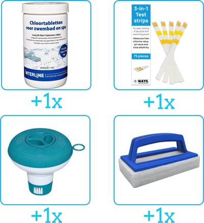 Zwembad Onderhoudspakket - Onderhoud Zwembad - bevat Chloor - Testrips - Chloordrijver en Scrubborstel (4-delig)