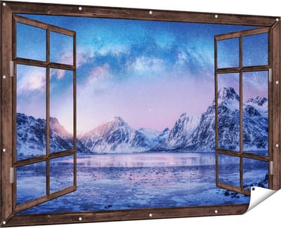 Gards Tuinposter Doorkijk Melkweg bij de Besneeuwde bergen - 180x120 cm - Tuindoek - Tuindecoratie - Wanddecoratie buiten - Tuinschilderij