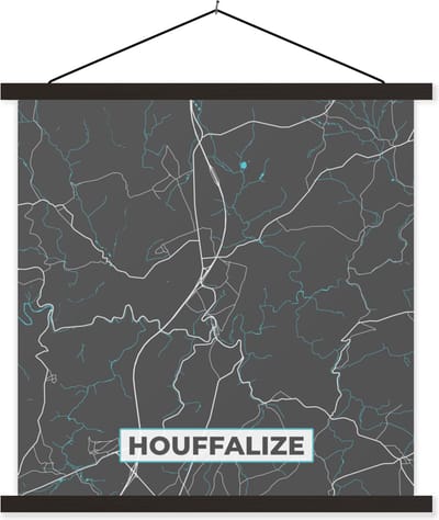 Posterhanger incl. Poster 60x60 cm - Schoolplaat - België – Houffalize – Stadskaart – Kaart – Blauw – Plattegrond - Textielposter - Zwarte latten - Stadskaart