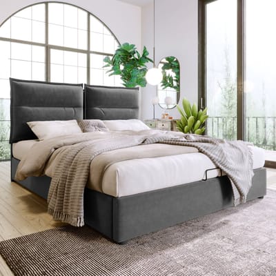 Sweiko Gestoffeerd bed 140x200cm, Verstelbaar Hoofdeinde, Bed met Metalen frame Platte noedelsvoet, fluweel, Moderne bedplaats met opbergruimte, Grote bergruimte, Grijs (geen matras)