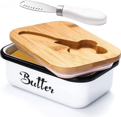 botervloot- Botervloot met deksel - Botervloot voor op het aanrecht - Metalen boterwarmer - met roestvrijstalen multifunctioneel botermes - met siliconen woondecoratie keuken cadeau Witte grote botervloot (wit - 16 * 11 * 7)
