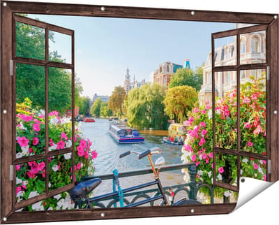 Gards Tuinposter Doorkijk Amsterdamse Kanaal met Bloemen - 150x100 cm - Tuindoek - Tuindecoratie - Wanddecoratie buiten - Tuinschilderij