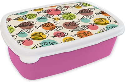 Broodtrommel Roze - Lunchbox - Brooddoos - Stippen - Vis - Regenboog - 18x12x6 cm - Kinderen - Meisje