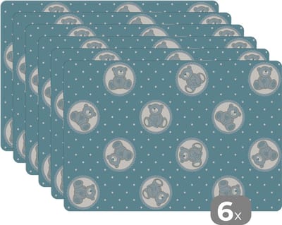 Placemat - Placemats kunststof - Teddybeer - Knuffeldieren - Patronen - Knuffels - 45x30 cm - 6 stuks - Hittebestendig - Anti-Slip - Onderlegger - Afneembaar