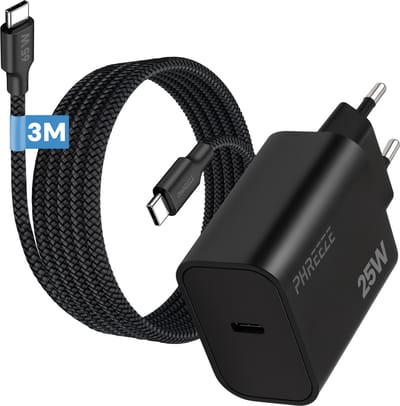 Phreeze usb C oplader 25w met usb C naar usb C kabel - 3 meter - Snellader voor telefoon en laptop