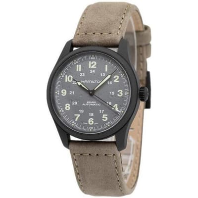 Hamilton Khaki Field Titanium Lederen Band Grijs Wijzerplaat Automatisch H70215880 100M Herenhorloge grijs