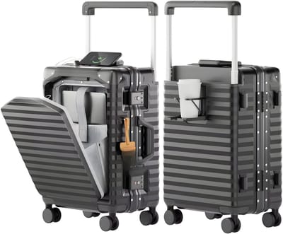 Handbagagekoffer – Voor reizen en zakelijk gebruik – Aluminium met voorvak, USB-poort, bekerhouder, TSA-slot en spinnerwielen – Grijs, aluminium (ca. 51 cm)