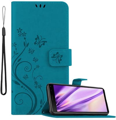 Cadorabo Hoesje geschikt voor Sony Xperia 8 in BLOEMEN BLAUW - Beschermhoes in bloemmotief met magnetische sluiting, standfunctie en kaartsleuven Book Case Cover Etui