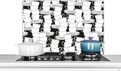 Spatscherm keuken 80x55 cm - Kookplaat achterwand Patronen - Zwart wit - Kopjes - Thee - Muurbeschermer - Spatwand fornuis - Hoogwaardig aluminium