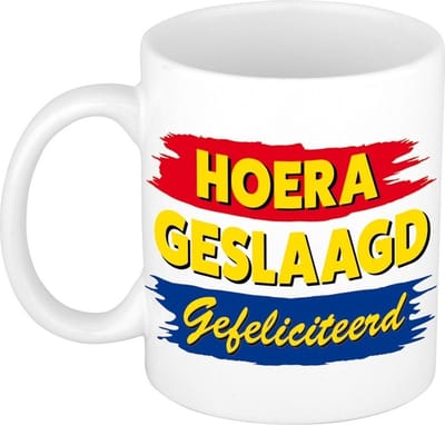 Bellatio Decorations Geslaagd mok keramiek 300 ml - Hoera geslaagd - Nederland vlag kleuren - cadeau