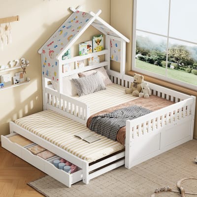 Sweiko Kinderbed - 140 x 200 cm - Huisvorm - Met uitschuifbed - 3 lades - Met veiligheidshek - Wit