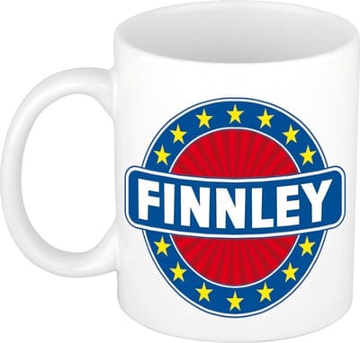 Bellatio Decorations - Finnley voornaam - koffiemok - beker - wit/blauw - 300 ml - Cadeau - Heren - Collega - Vaderdag - Verjaardag