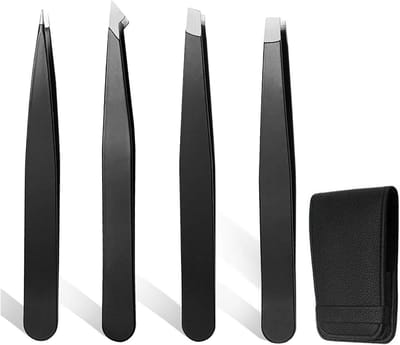 Set van 4 professionele wenkbrauwpincetten met etui voor nauwkeurig epileren en perfecte vormgeving