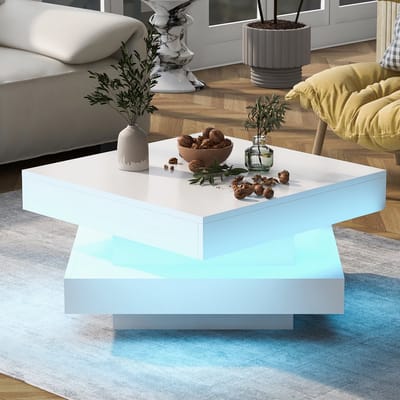 Pugsdrly Witte vierkante hoogglans salontafel met draaibaar blad – Moderne techno-stijl met 16-kleurige LED-verlichting, 70x70x36 cm