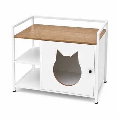 Kattenmeubel - Kattenkast - Kattenhuis - Open Planken - Kattenkop Opening - Multifunctioneel - Woonkamer - 76x54x59cm - Bijzettafel - Wit Hout