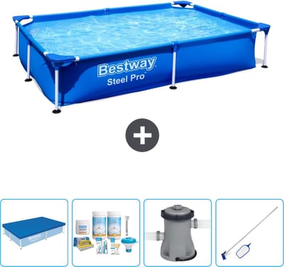 Bestway Rechthoekig Steel Pro Zwembad - 221 x 150 x 43 cm - Blauw - Inclusief Afdekzeil - Onderhoudspakket - Pomp - Schoonmaakset
