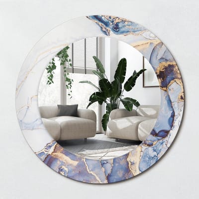 Wallfluent Bedrukte Ronde Spiegel - Ronde Spiegel Met Bedrukte Lijst Abstracte Kunst - 50 cm / 36 cm - Blauw - Blauw Ronde Spiegel Met Decoratie - Slaapkamerspiegel - Badkamerspiegel - Gang - Kleedkamer - Hangspiegel