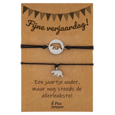 Vriendschapsarmbandjes voor 2 "Fijne Verjaardag" - Beertjes - BFF Armbandjes met Persoonlijk Cadeau Kaartje - Zilverkleurig - Elastisch Verstelbaar - Pax Amare