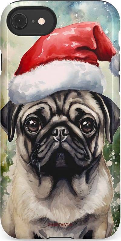 Casetastic hoesje geschikt voor Apple iPhone SE / Apple iPhone 7 / Apple iPhone 8 - Dubbellaagse bescherming - Aquarel Kerstmis Pug Hond - Fashion Case - Grijs Taupe Donkergrijs Saliegroen