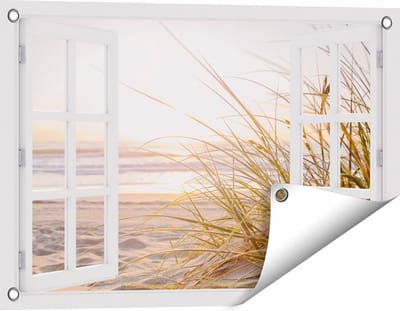 Gards Tuinposter Doorkijk Strand en Duinen tijdens Zonsondergang - 60x40 cm - Tuindoek - Tuindecoratie - Wanddecoratie buiten - Tuinschilderij