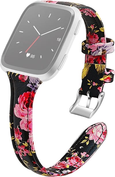 By Qubix - Compatible Fitbit bandje - geschikt voor Fitbit Versa 1 / 2 & Lite bandje TPU leer - Bloemenprint zwart Smartwatchbandje bandje Armband Polsband Strap Band Watchband