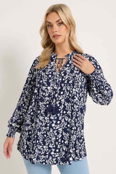 Yours Blauwe Blouse Met Bloemenprint, Pailletten En Strikkraag Size 42
