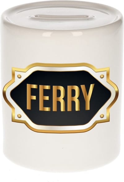 Spaarpot met voornaam Ferry - wit - met goud/zwart embleem - 8 x 9 cm - keramiek - met afsluitdop - cadeau verjaardag
