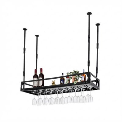 Stervia Industriële Hangend Wijnrek - Wijnglazenhouder Ophangrek - Vintage Look - Verstelbare Hoogte - Draagvermogen 50 kg - 27 Wijnglazen - Zwart - 100 x 35 x 35-55 cm
