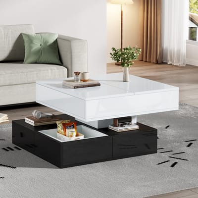 MODENUIT Salontafel - Draaibaar Tafelblad En 3 Laden - Vierkant Voor Woonkamer - Spaanplaat Zwart Wit - 70x70x40 cm
