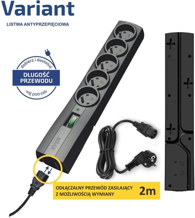 Ever Variant Serie - Overspanningsbeveiligingsstrip - 2m - 5 Uitgangen - Zwart