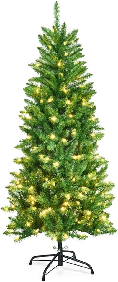 COSTWAY Potloodkerstboom van 150, 180 of 210 cm hoog, dennenboom, met warmwitte ledlampjes, inklapbaar, met metalen standaard, kerstboom, pvc-naalden, kunstboom, Kerstmis, groen (150 cm)