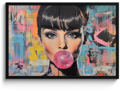 Poster in lijst - Fotolijst 90x60 cm - Posters - Kauwgom - Vrouw - Penseelstreken - Modern - Posterlijst zwart - Decoratie - Wanddecoratie woonkamer - Muurdecoratie slaapkamer