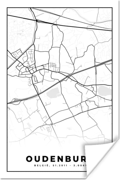 Poster Zwart Wit – België – Plattegrond – Stadskaart – Kaart – Oudenburg - 120x180 cm XXL