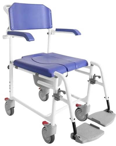 Multifunctionele Douchestoel met Wielen en Opklapbare Armen - Blauwe Commode Doucherolstoel met Emmer, Verbetert Remmen, Max. 120 kg