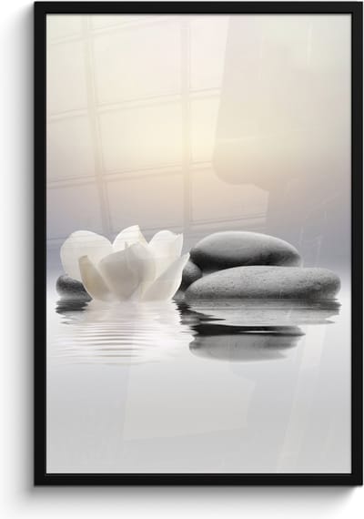 Poster in lijst - Fotolijst 60x90 cm - Posters - Stenen - Lotus - Wit - Water - Zen - Posterlijst zwart - Wanddecoratie badkamer - Muurdecoratie WC - Decoratieve accessoires - Toilet muur decoratie