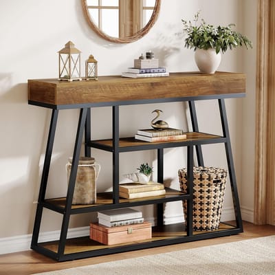 Tribesigns Consoletafel - 105x30x85 cm - 4 Laags Haltafel - Bruin - Industrieel - Industriële Consoletafel - Console Tafel voor Hal, Woonkamer, Entree