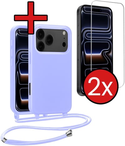 Hoesje Geschikt voor iPhone 17 Pro / 18 Pro Hoesje Siliconen Case Met Koord Met 2x Screenprotector - Hoes Geschikt voor iPhone 17 Pro / 18 Pro Hoesje Backcover Met Telefoonkoord - Lila