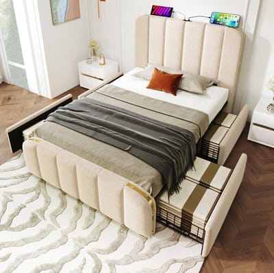 MIVRAY Gestoffeerd Bed 90x200 cm - Eenpersoonsbed Met USB en Type C Oplaadpunt, 4 Laden, Zonder Matras - Metaal en Stof - Beige
