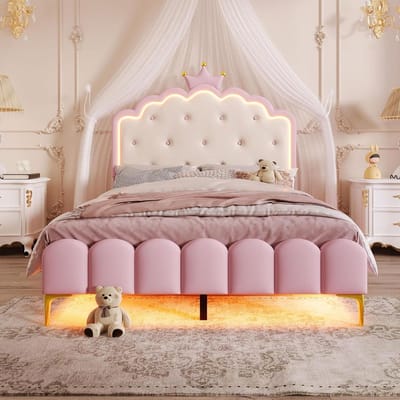 Gestoffeerd Prinsessenbed - Kinderbed Hemelbed - Slaapkamer Inrichten - Met Sfeerlicht - 140 x 200 cm - Roze