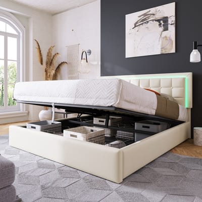 KOMHTOM Tweepersoonsbed 140x200 cm Bed volwassenen met led opbergruimte bed kunstlederen bekleding Wit