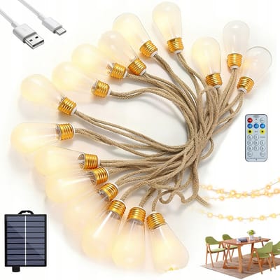 Solar Buitenverlichting - 8m 16 Lampen Retro Jute Sfeerverlichting - Solar Tuinverlichting - IP65 Waterdicht - Met Afstandsbediening & Timer - 8 lichtstanden & Intelligente geheugenfunctie