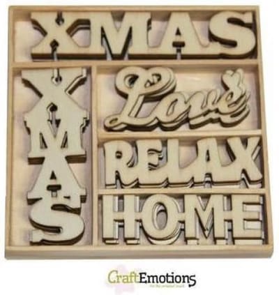 CraftEmotions Houten ornamenten - Xmas woorden 25 assorti  - box 10.5 x 10.5 cm