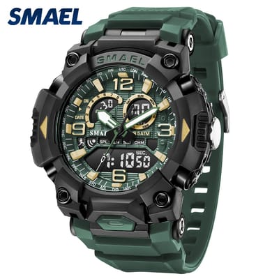 sportief zwart/groen horloge dubbel scherm met tijd datum chronometer alarm waterdicht en led licht